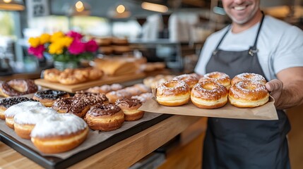 Bakery chef showcasing freshly baked donuts local bakery food photography cozy atmosphere close-up view culinary delight