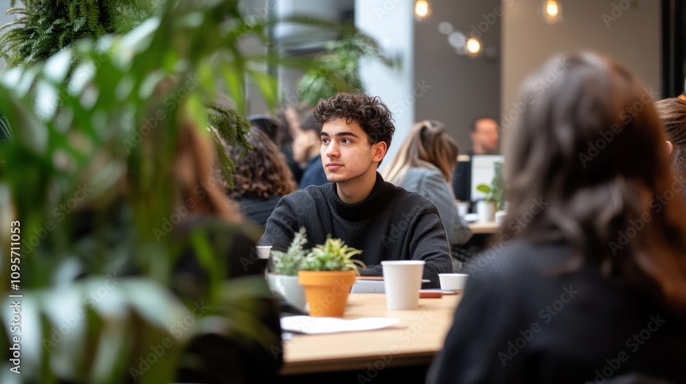 Poster a young man attentively listens during a group discussion in a modern workspace.
