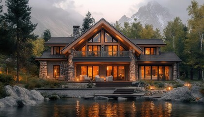 Fototapeta premium Luxury mountain chalet with warm earth tones