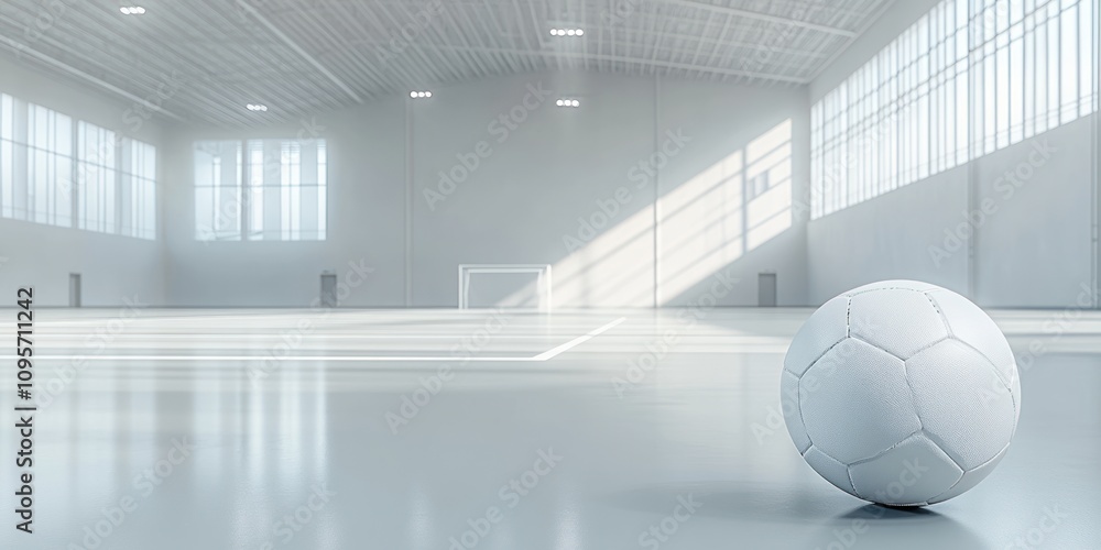 Poster a minimalist indoor soccer field with a single ball on the smooth surface.