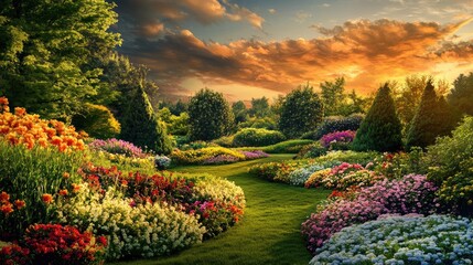 Obraz premium Heavenly garden with vibrant clouds, colorful flowers, and elegantly curved trees, offering a stunning, peaceful view
