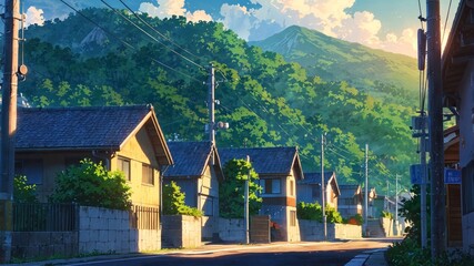 Charming Anime Town Amidst Scenic Mountains