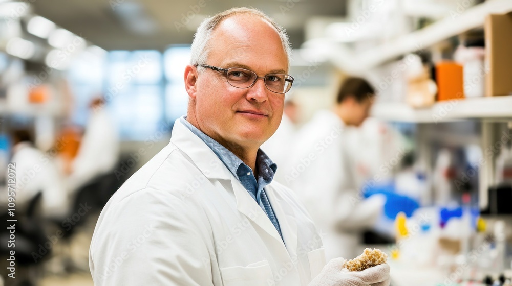 Aufkleber a scientist in a lab coat holds a sample, surrounded by research activity.