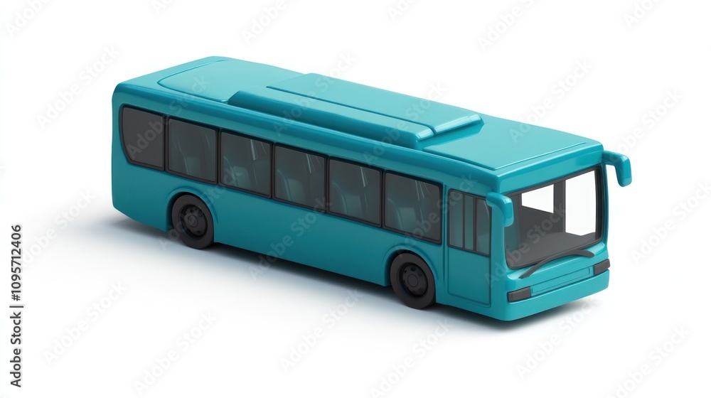 Poster a turquoise bus model, representing public transport for urban commuting.