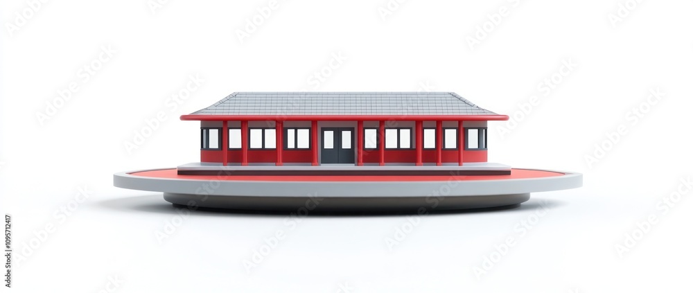 Poster a stylized model of a traditional building on a circular base.