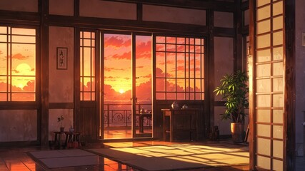 Cozy Anime Room at Sunset with Soft Lighting