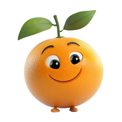 A cheerful 3D rendered cartoon orange with a smiling face and two leaves on top.