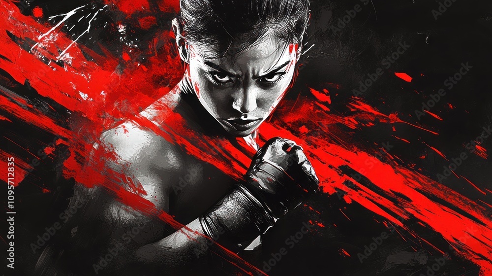 Poster a fierce fighter in a dynamic, abstract composition showcasing strength and determination.