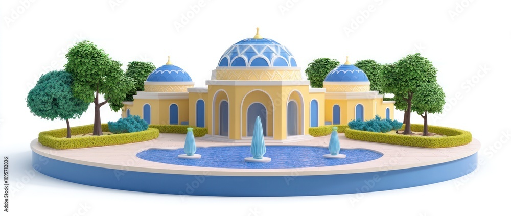 Poster a colorful architectural structure with domes, surrounded by trees and a fountain.