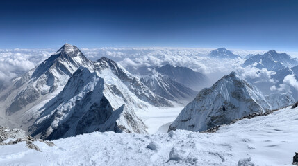 Naklejka premium Stunning view from summit of Mount Everest, showcasing majestic peaks and vast clouds. breathtaking landscape evokes sense of adventure and awe
