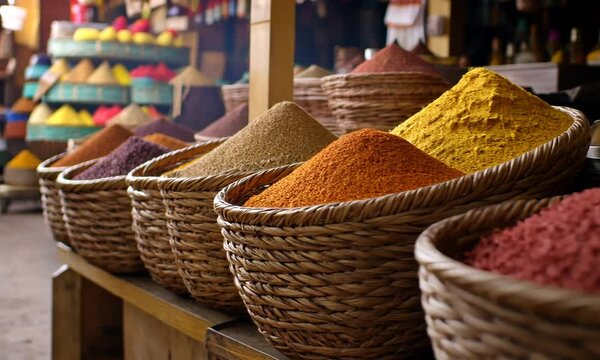 Aromatic Spices in Woven Baskets at a Vibrant Market
