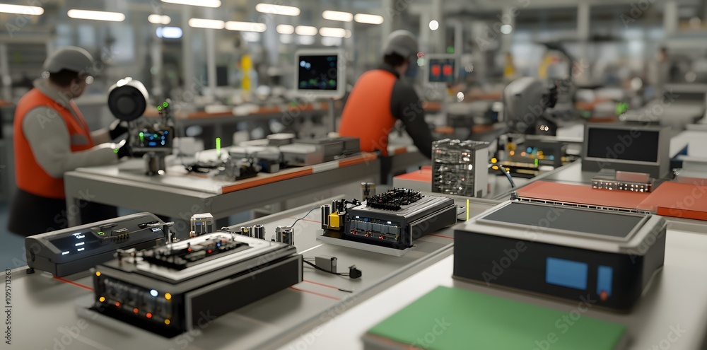 Poster a modern assembly line with workers and electronic components in a factory setting.