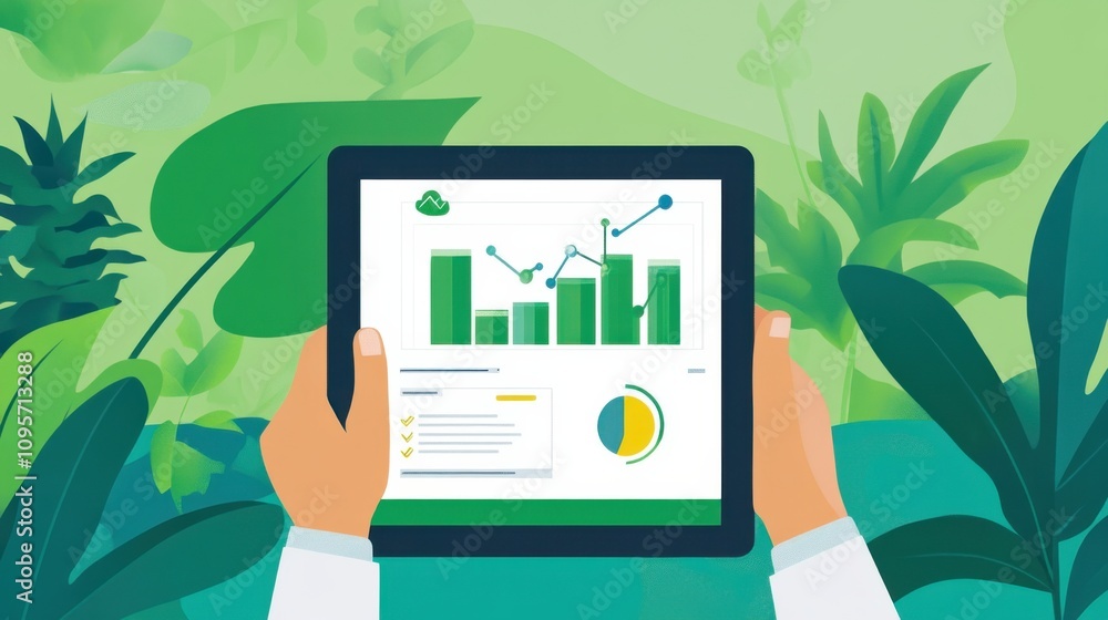 Poster hands holding tablet with data visualization charts