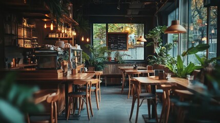 Fototapeta premium Cozy cafe interior with plants. (1)