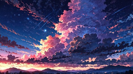 Dreamy Anime Night Sky with Full Moon and Stars