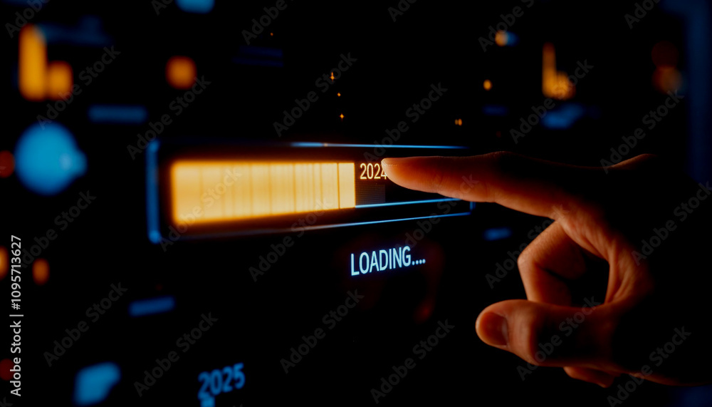 Poster person pointing at a digital progress bar transitioning from 2024 to 2025, symbolizing new year anti