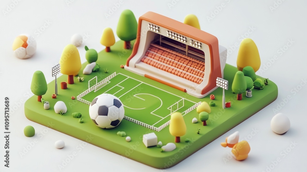 Poster a colorful 3d model of a soccer field with a stadium, trees, and decorative elements.