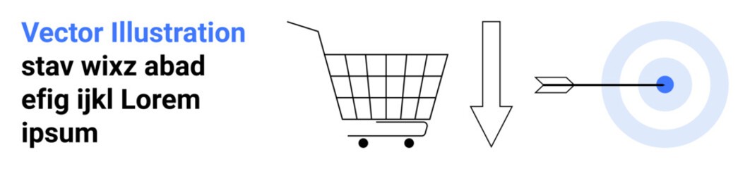Shopping cart, downward arrow, and dart hitting the bullseye. Ideal for e-commerce, marketing, sales strategy, customer targeting, conversion optimization, advertising campaign, and business growth