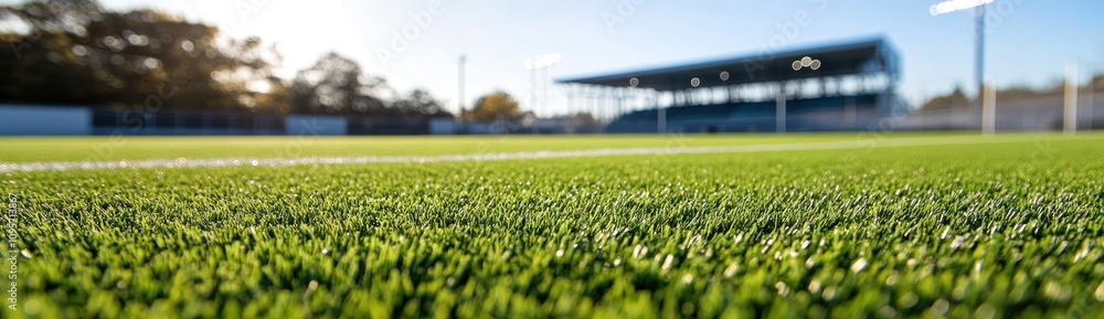 Poster a close-up view of a well-maintained artificial turf field with a sports facility in the background.