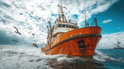 Obraz premium An old fishing boat navigates turbulent waters, surrounded by seagulls against a dramatic sky.