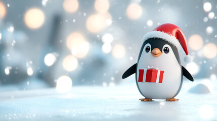 Holiday cheer cute penguin with gift winter wonderland digital art festive atmosphere close-up joyful imagery