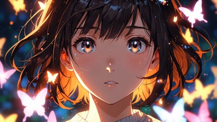 Enchanting Anime Portrait of a Woman with Butterflies