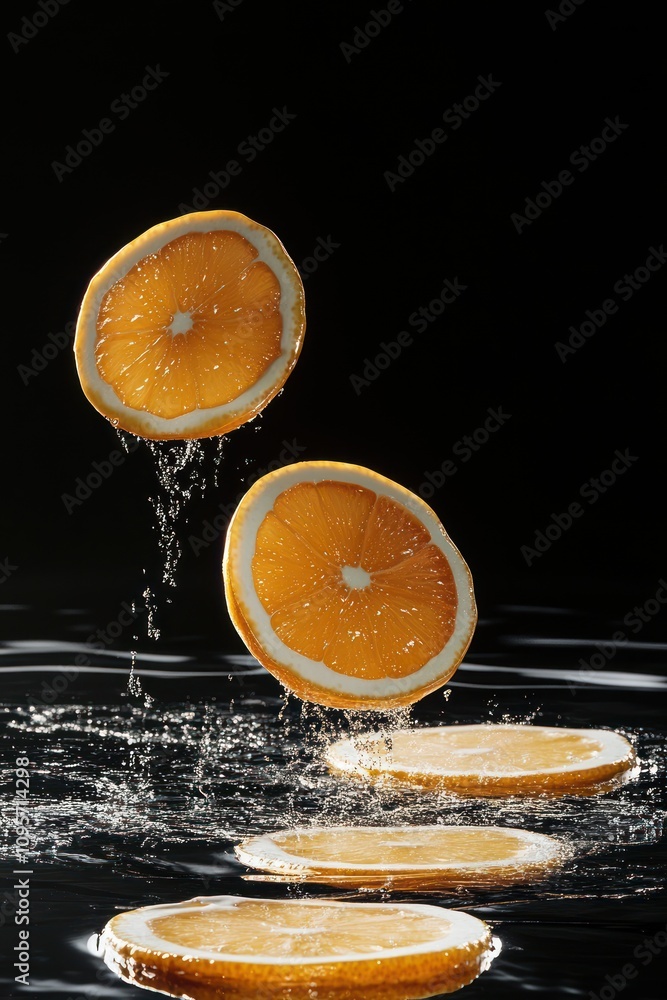 Poster floating orange slices create a dynamic splash effect against a dark background.