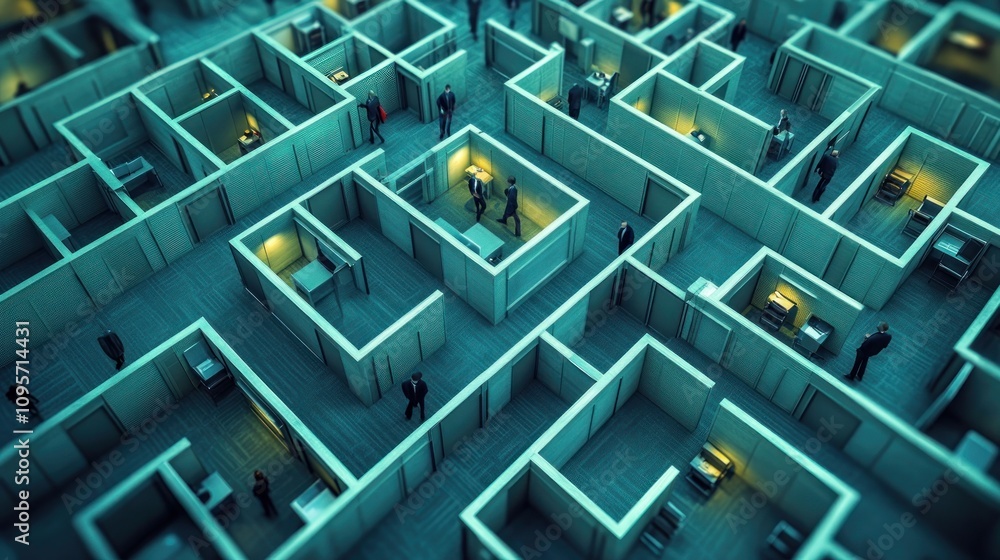 Aufkleber aerial view of a maze-like office layout with people navigating through cubicles.