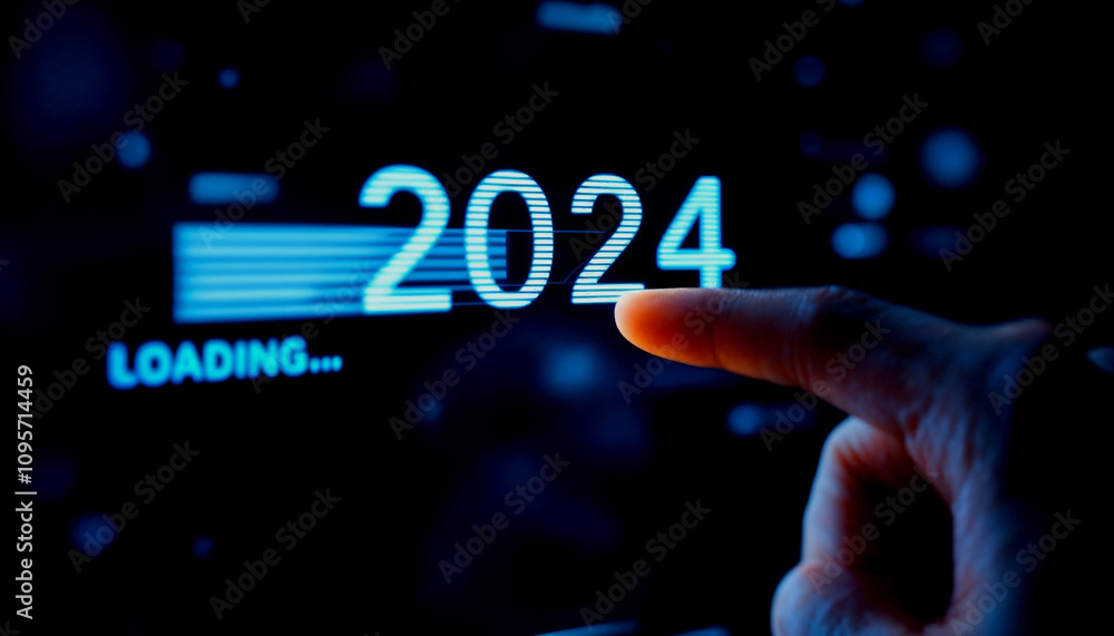Poster person pointing at a digital progress bar transitioning from 2024 to 2025, symbolizing new year anti
