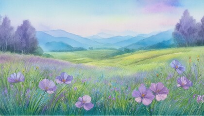 Obraz premium 穏やかな自然の手描き風の自然風景