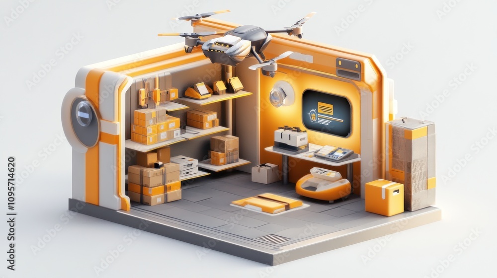 Poster a modern delivery hub featuring shelves, packages, and a drone for efficient logistics.