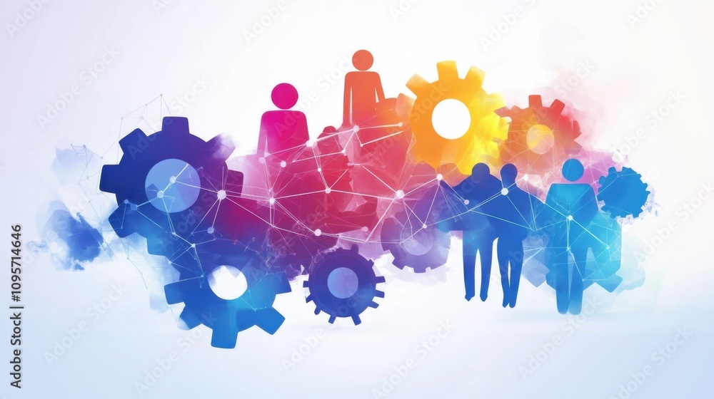 Aufkleber collaborative workforce with gears and network colors