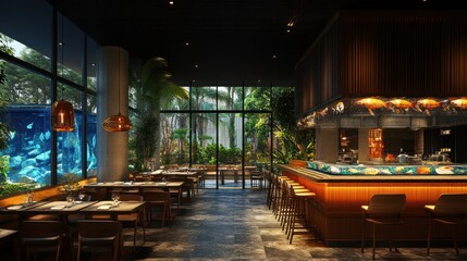 Fototapeta premium A modern restaurant interior featuring lush greenery and an inviting dining space.