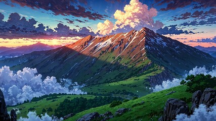 Majestic Anime Mountain Range at Sunset