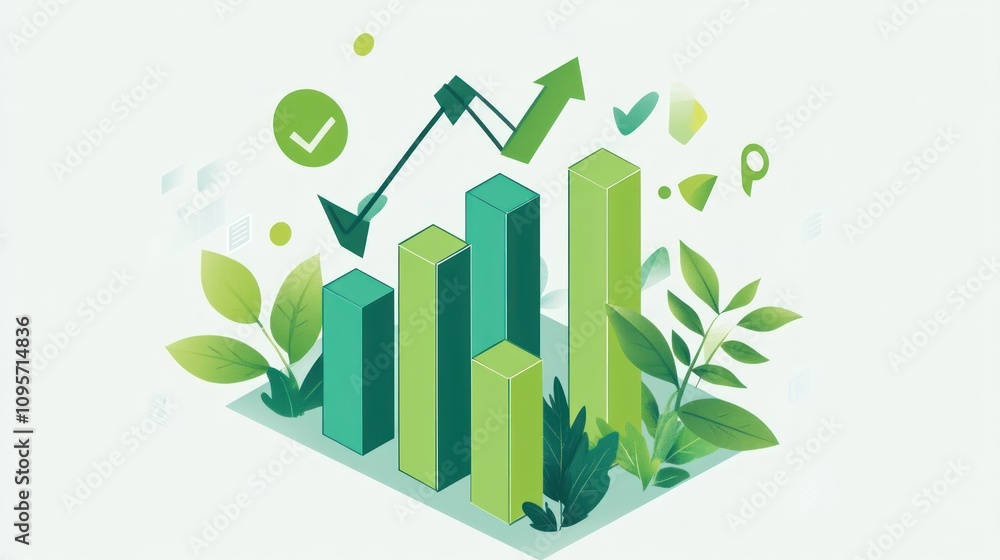 Poster a graphic representation of growth with bar charts and nature elements.
