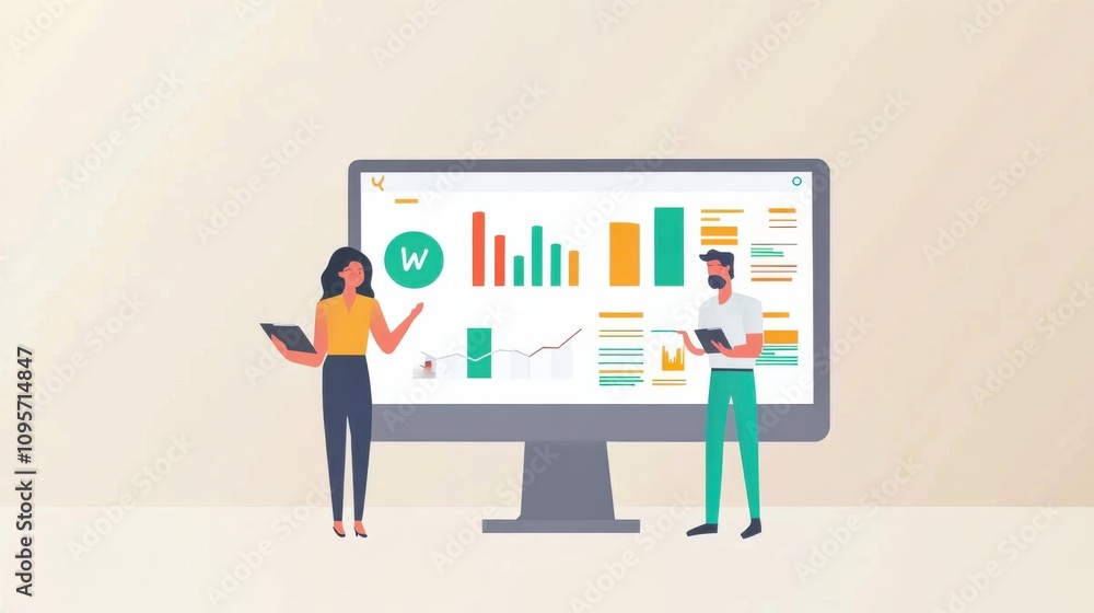 Poster data analysis presentation with computer and people