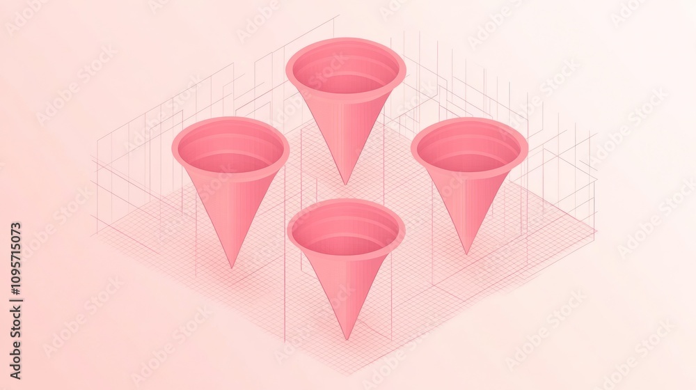 Poster a minimalist graphic featuring four pink cones arranged in a grid on a light background.