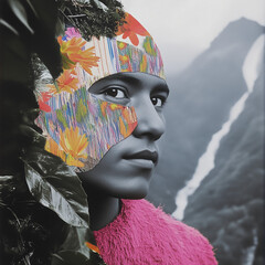 Abstract Portrait with Geometric Patterns and Mountain Background