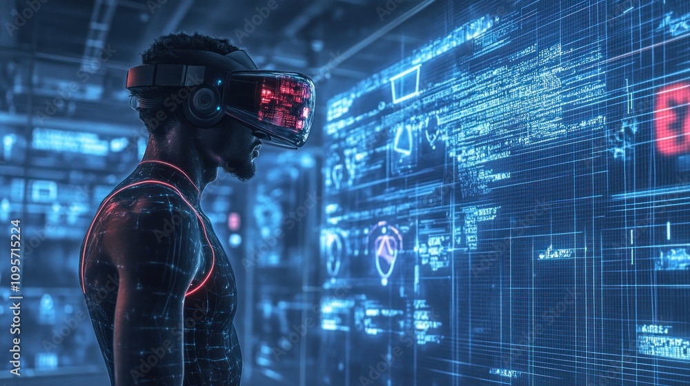 Poster a person wearing a vr headset interacts with a digital interface in a high-tech environment.