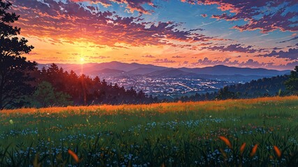 Peaceful Anime Style Watercolor Landscape at Sunset