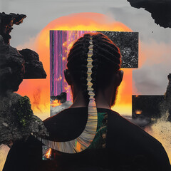 Backlit Figure with Vibrant Orange Landscape and Eruptive Glow