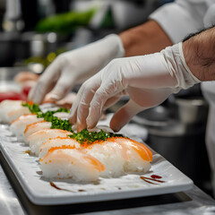 Chef preparing sushi japanese restaurant culinary art modern kitchen closeup view tradition meets innovation