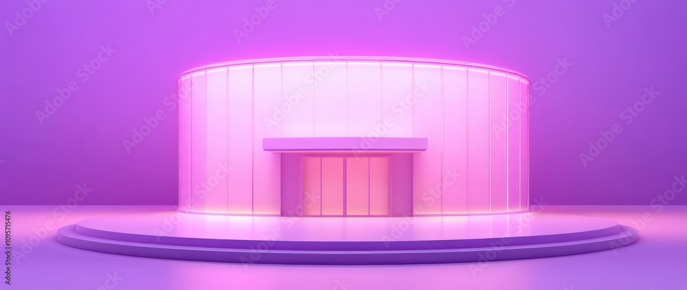 Poster a modern, illuminated building with a circular design and pink lighting.