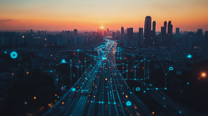 Fototapeta premium Smart digital Innovation city with connection network reciprocity over the cityscape. of future smart wireless digital city and social media networking systems that connects people with in city