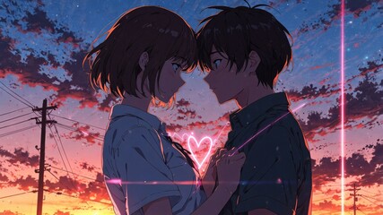 Romantic Anime Couple Under Neon Sky at Sunset