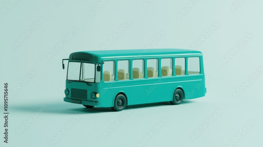Poster A teal-colored toy bus with a simple design and visible seats, set against a light background.