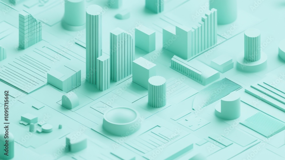 Poster A minimalist 3D representation of urban architecture in soft mint tones.