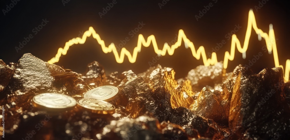 Poster A close-up of coins on rocky terrain with an upward trending graph in the background.