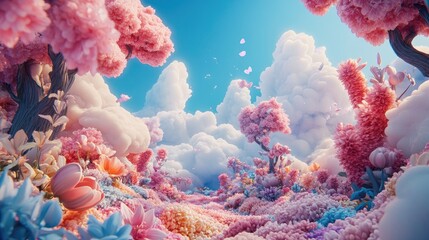 Stunning paradise scene filled with swirling clouds, vibrant flowers, and elegantly shaped trees, offering a magical view