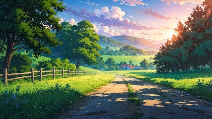 Serene Countryside Landscape in Anime Style